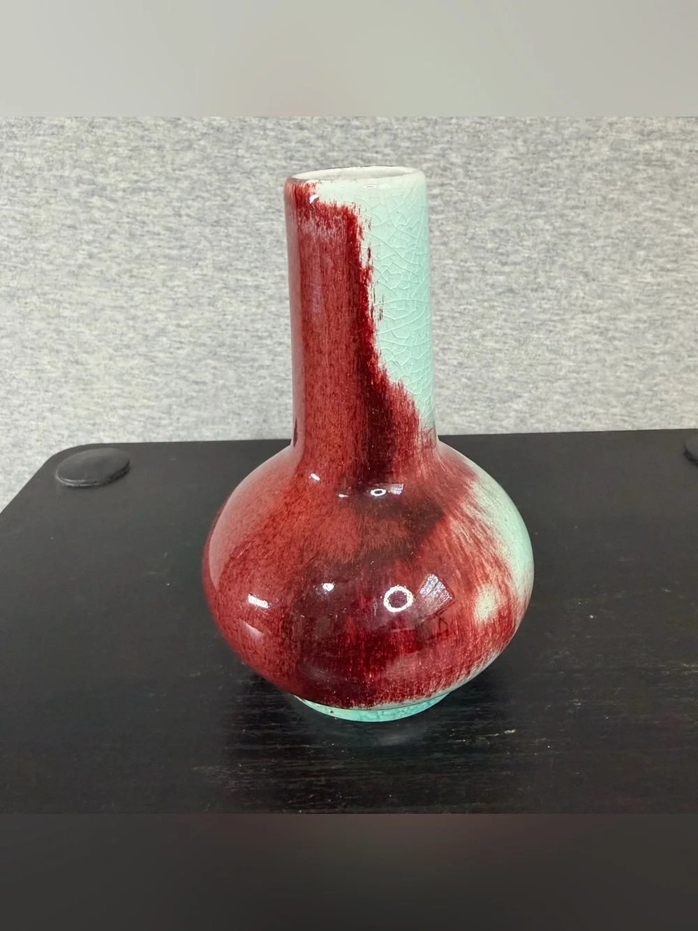 Vintage Chinese Jingdezhen Flambé Oxblood Celadon Crackle Vases Pair Blue Mark